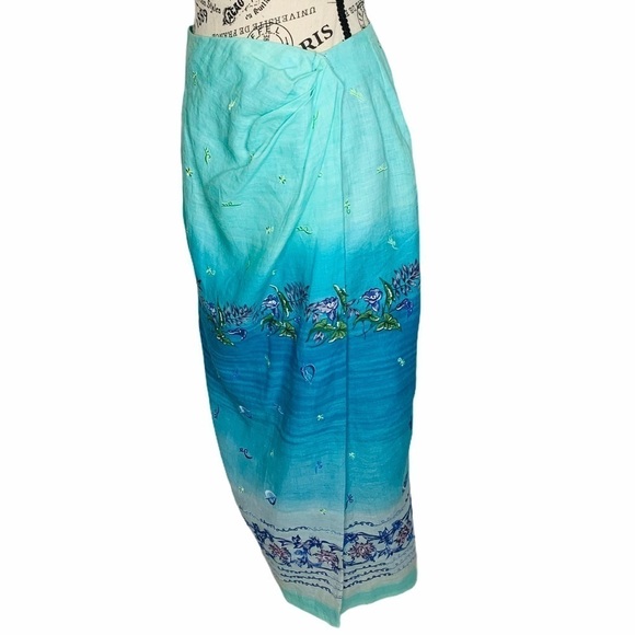 Jenna Ombre Embroidered Linen Sarong Wrap Maxi Skirt Size 12 Blue Green Floral - Picture 4 of 16